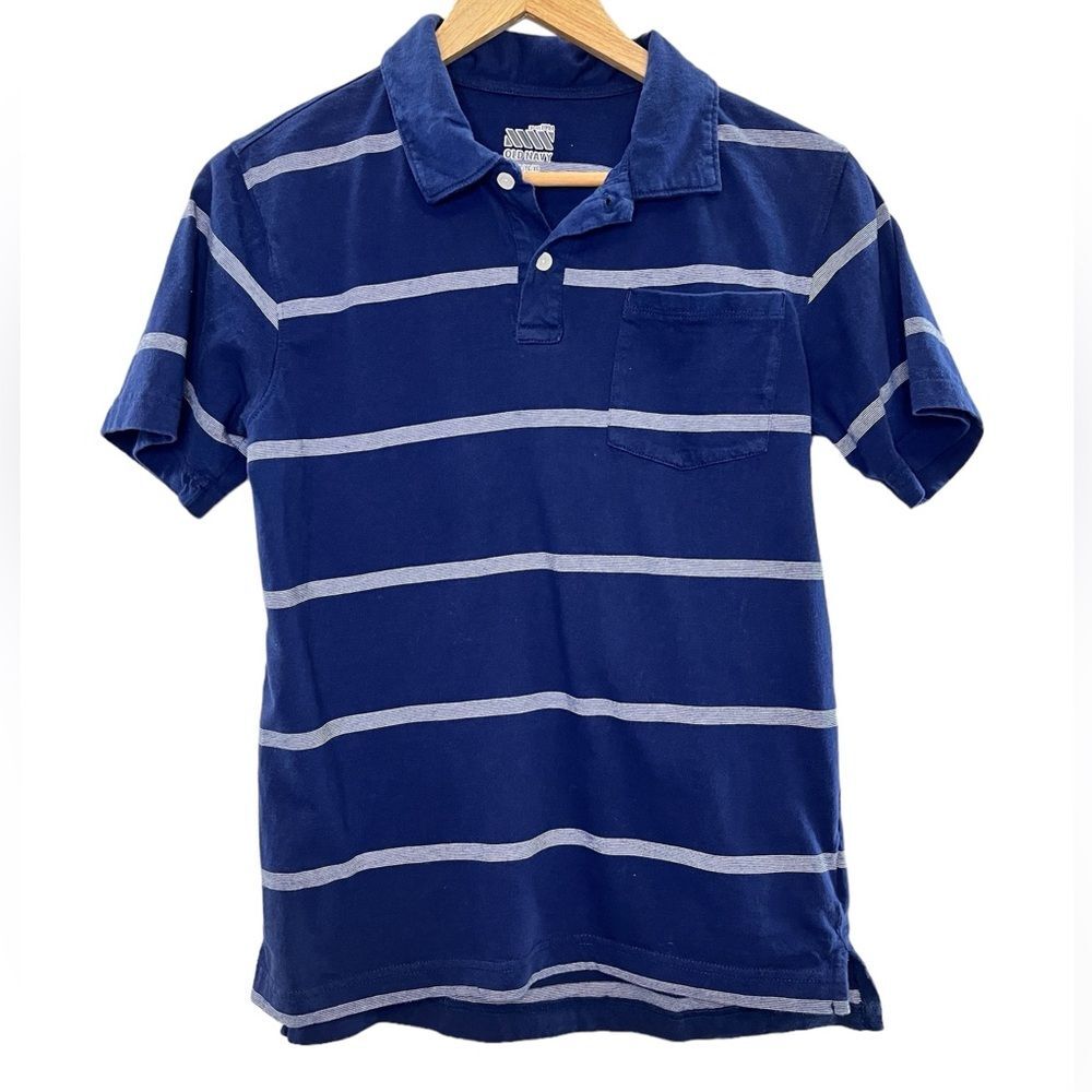 Old Navy Blue White Striped Short Sleeve Polo Collared Shirt Youth Size XL 14-16